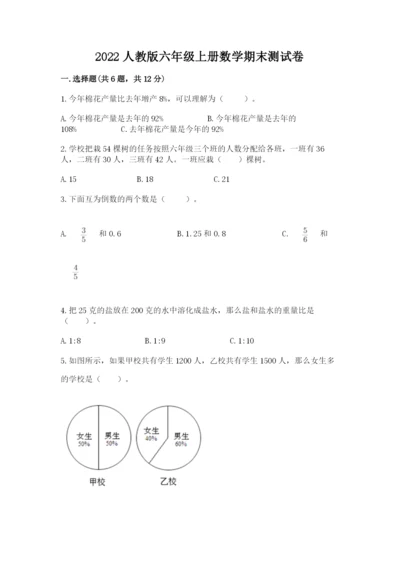 2022人教版六年级上册数学期末测试卷附答案【综合题】.docx