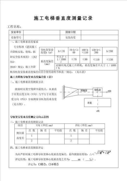 施工电梯垂直度测量记录表