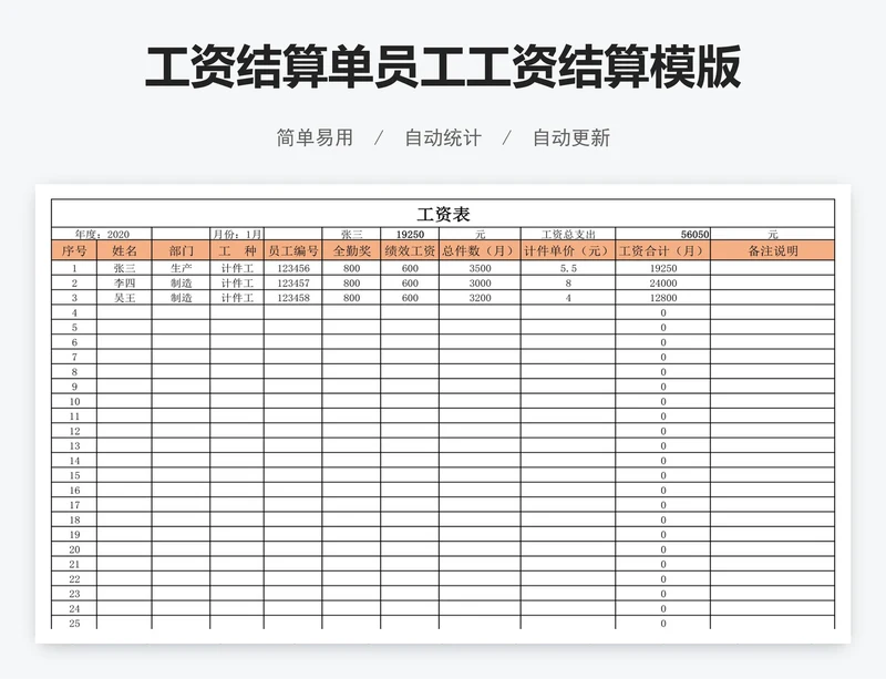 工资结算单员工工资结算模版