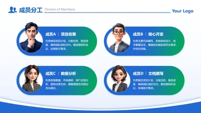 成员分工-蓝色商务风4项成员分工PPT单页