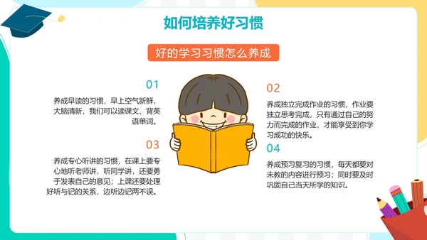 撞色卡通手绘可爱学生培养好习惯主题班会PPT模板