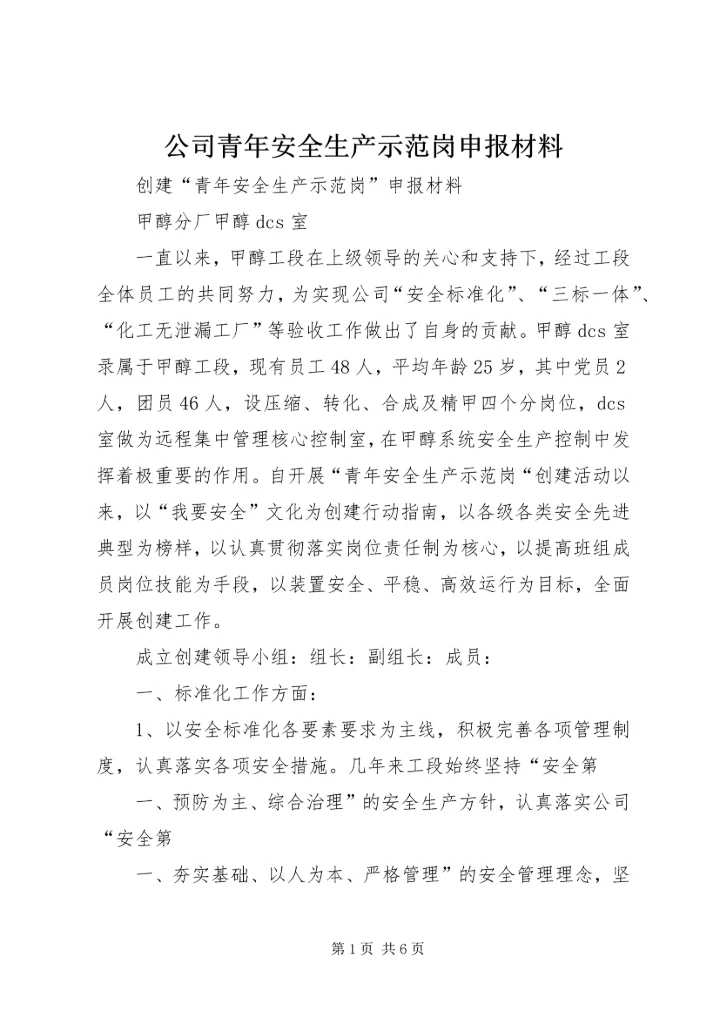 公司青年安全生产示范岗申报材料 (3).docx