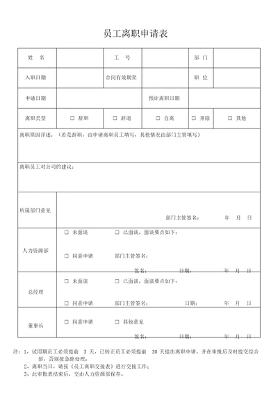 员工离职申请表必备