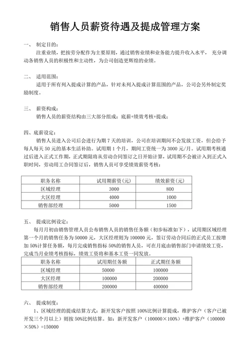 销售人员薪资待遇及提成管理方案