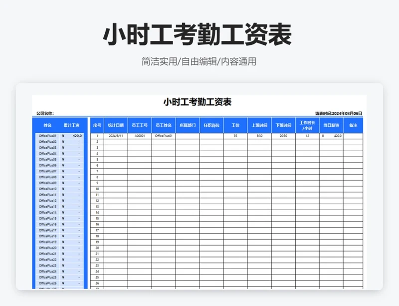 简约蓝色小时工考勤工资表