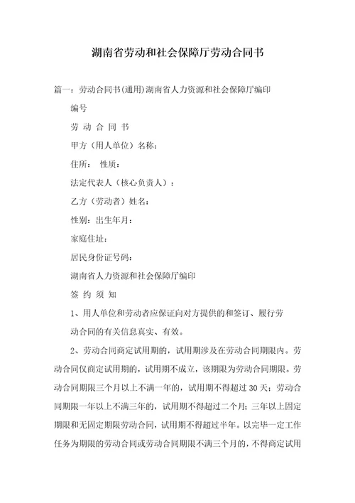 湖南省劳动和社会保障厅劳动协议书