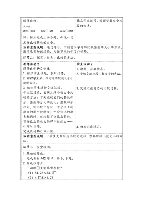 大单元教学【核心素养目标】4.4  小数的大小比较（表格式）教学设计 人教版四年级下册