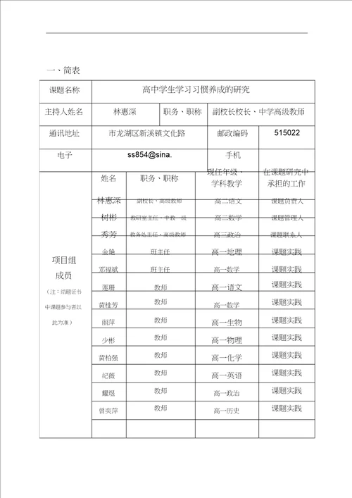 学习习惯养成课题申报表