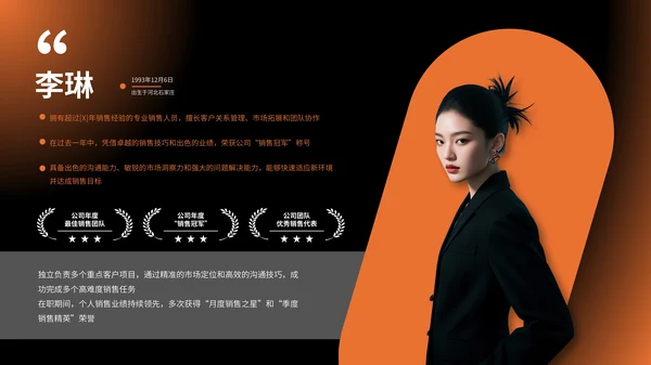 黑橙色简约风人物介绍PPT版式合集