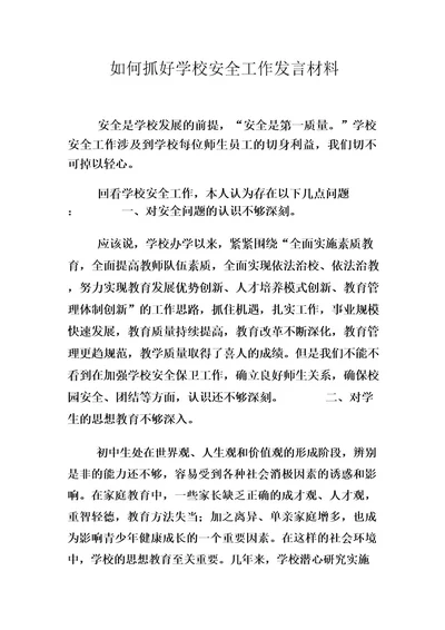 如何抓好学校安全工作发言材料