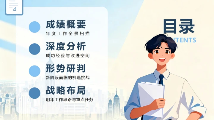 蓝色商务扁平插画风年终工作总结汇报PPT模板