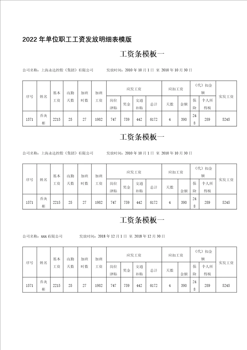 2022年单位职工工资发放明细表模版