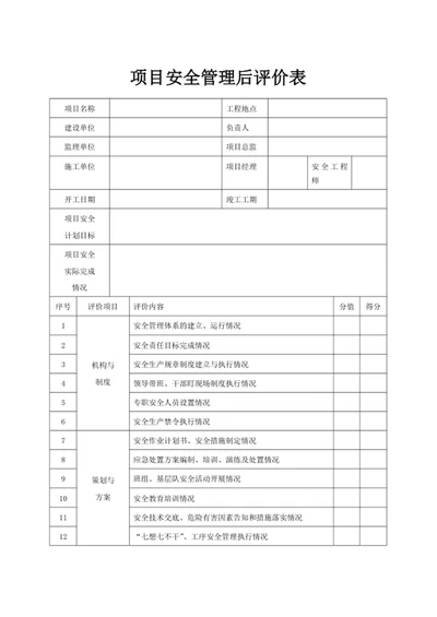 项目安全管理后评价表