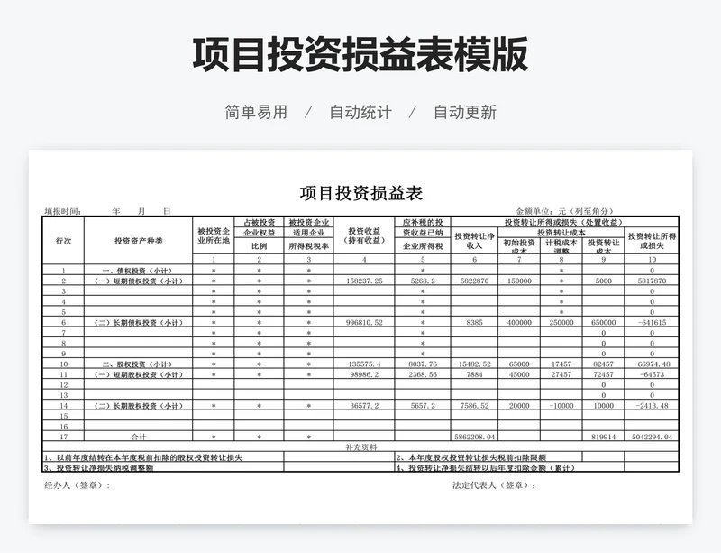 项目投资损益表模版