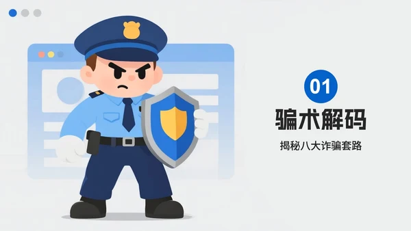 蓝色渐变卡通插画风反诈防诈主题宣传PPT模板