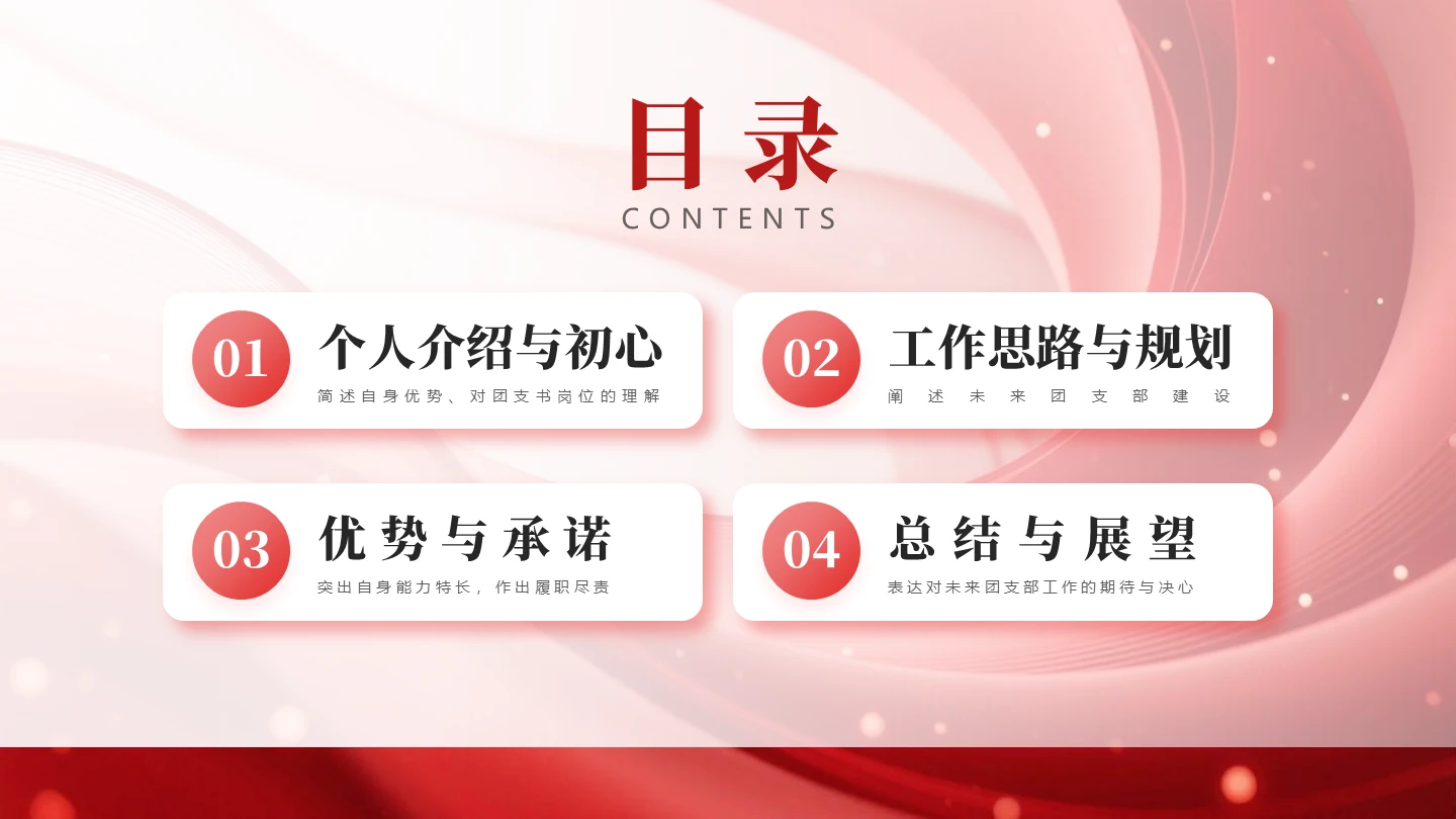 目录页-红色渐变党政风团支书自我介绍竞选汇报PPT