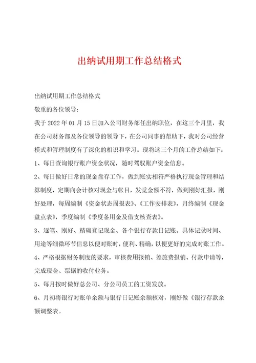 出纳试用期工作总结格式