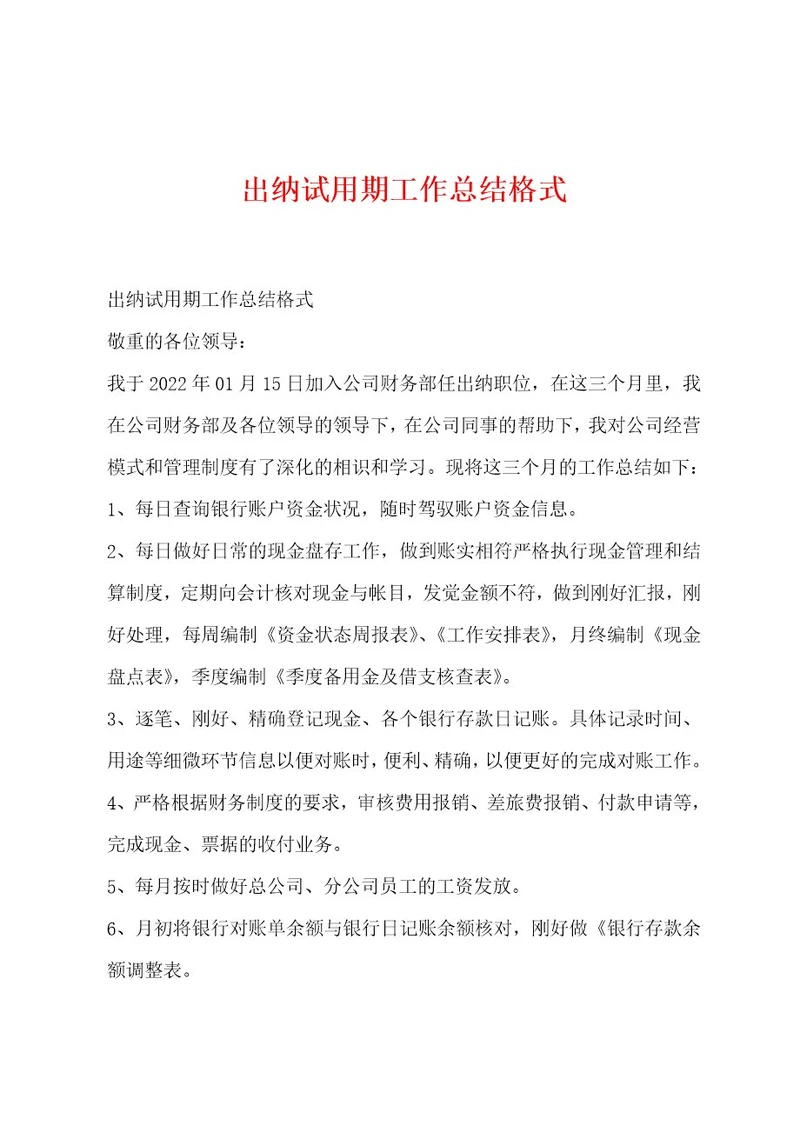 出纳试用期工作总结格式