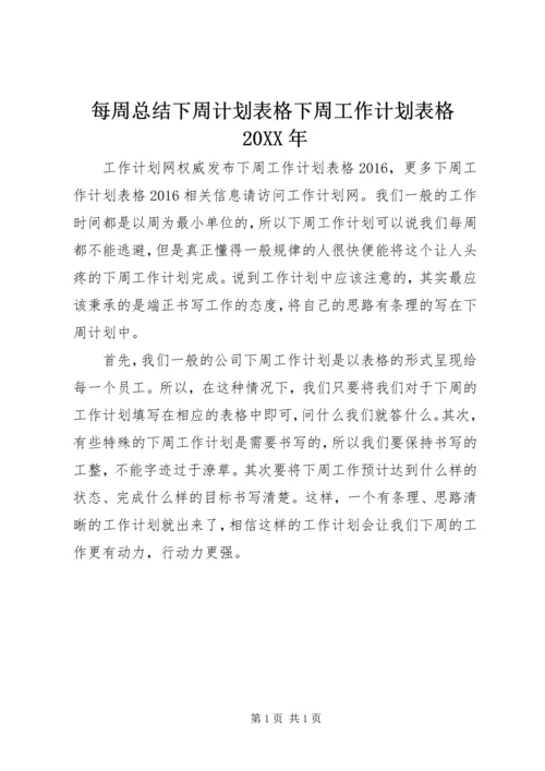 每周总结下周计划表格下周工作计划表格20XX年.docx