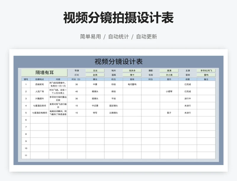 视频分镜拍摄设计表
