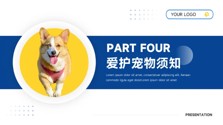 黄蓝剪影简约大气宠物健康护理PPT模板