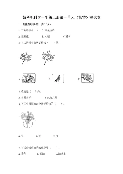 教科版科学一年级上册第一单元《植物》测试卷含答案（达标题）