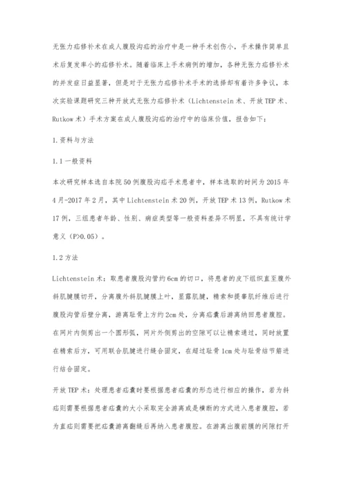 对比分析三种开放式无张力疝修补术治疗成人腹股沟疝的临床价值.docx