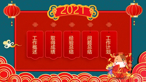 2021牛年创意剪纸风述职报告春节民俗新年计划年终总结PPT
