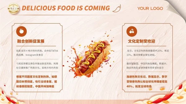 橙色商务风热狗的美食介绍ppt模板