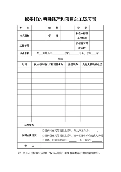拟委托的项目经理和项目总工资历表