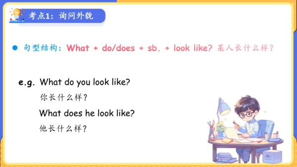 Unit 9 What does he look like单元复习课件（词组+句型+知识点+语法+写