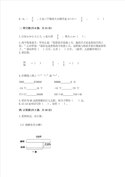 2023年小学六年级下册数学期末测试卷【中心小学】