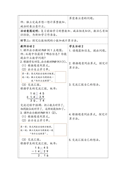 大单元教学【核心素养目标】6.1  小数加减法（1）（表格式）教学设计 人教版四年级下册