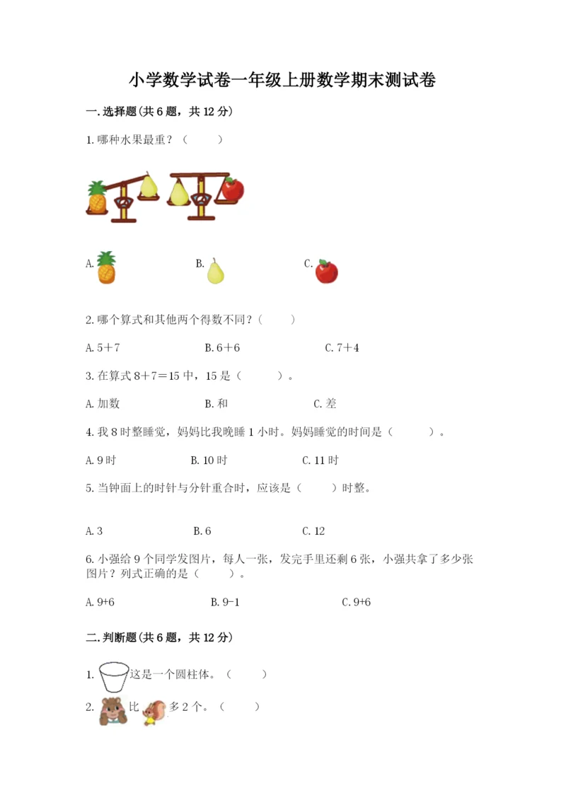 小学数学试卷一年级上册数学期末测试卷带答案解析.docx