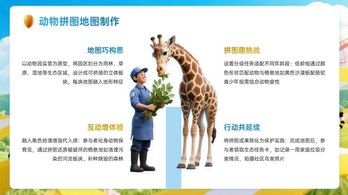 蓝黄色3D关于动物园趣味研学方案PPT模板