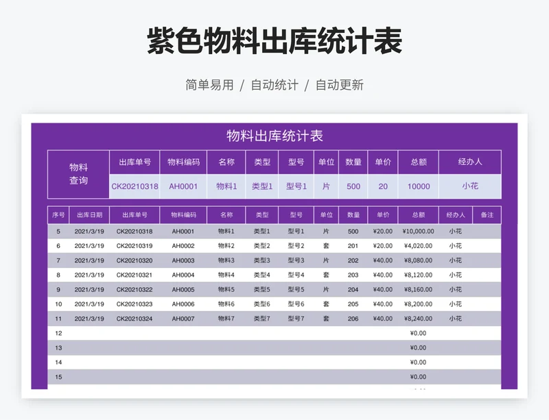 紫色物料出库统计表