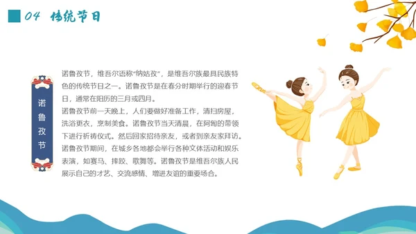 蓝绿色插画维吾尔族少数民族介绍学生PPT