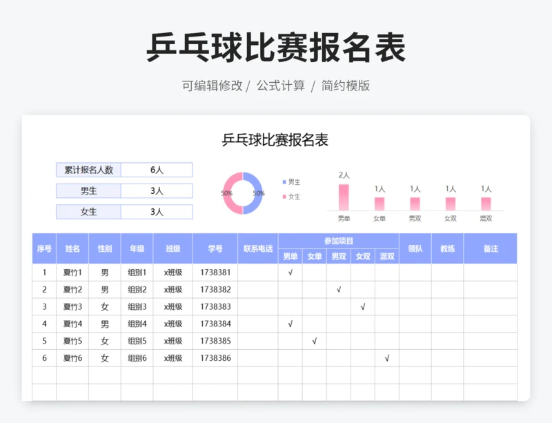 乒乓球比赛报名统计表