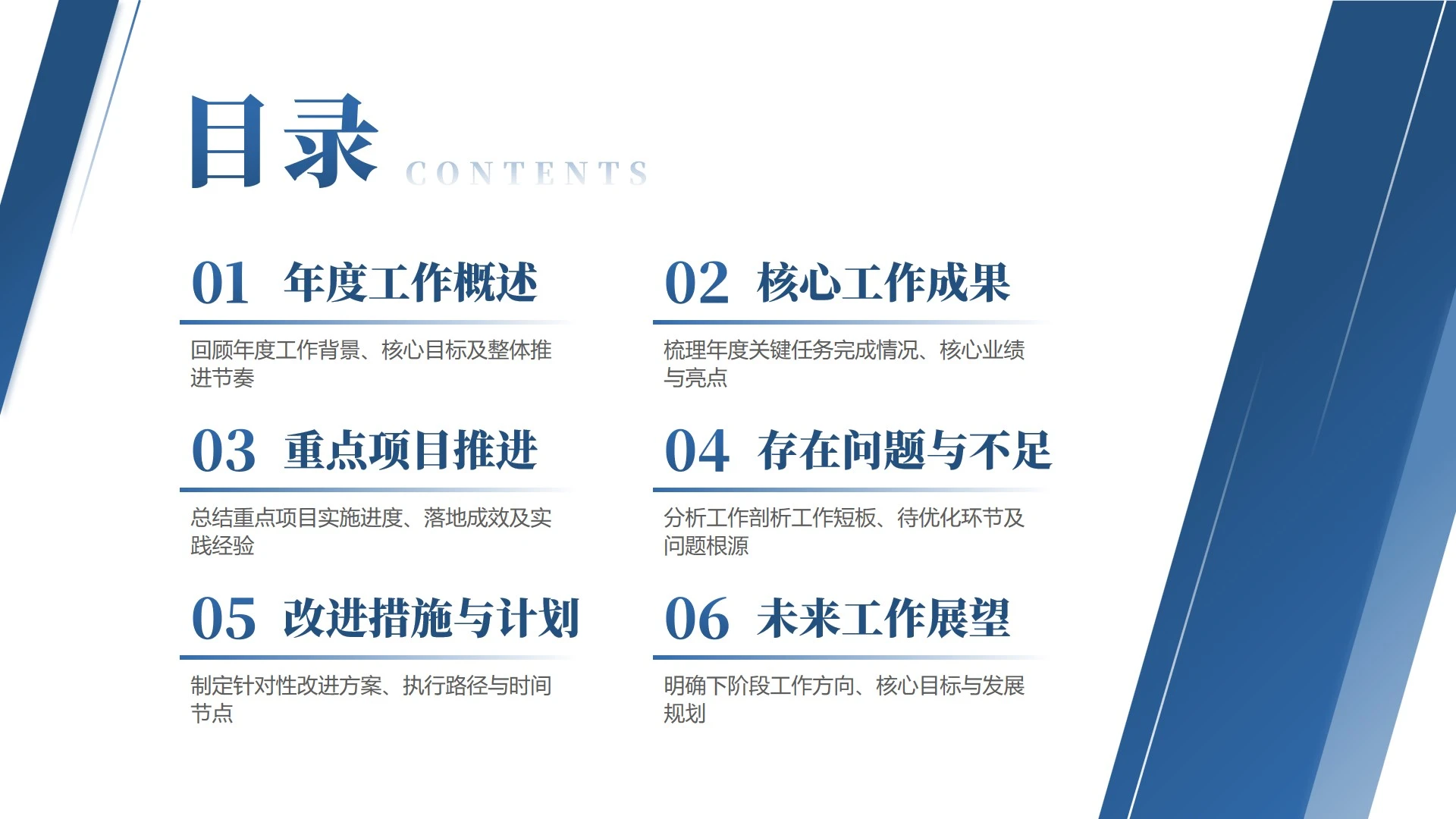目录页-蓝色商务风极简年度工作总结PPT单页