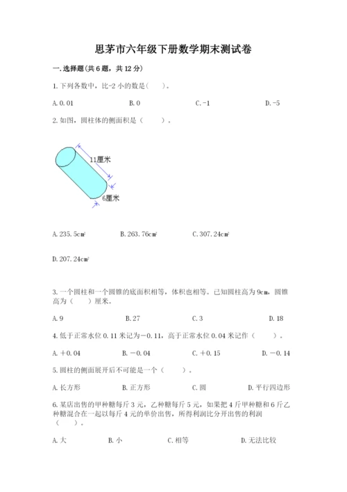 思茅市六年级下册数学期末测试卷精品含答案.docx