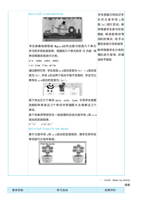 Unit 6 Meet my family单元整体教学设计5课时