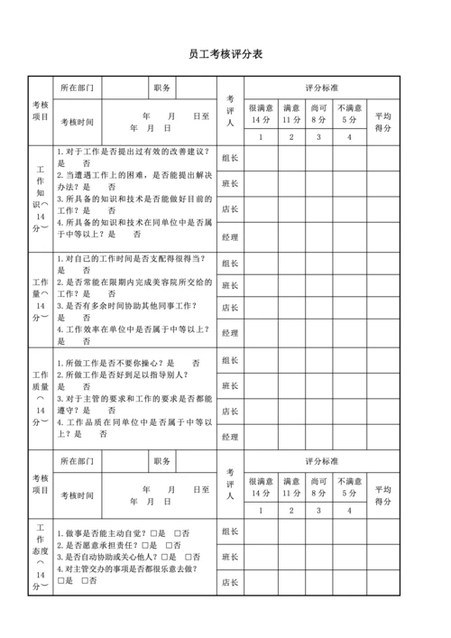 员工绩效考核评分表