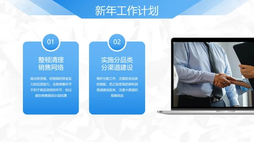 蓝色简约几何切割销售年终总结PPT模板