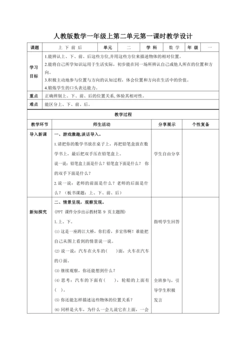 人教版一上 第二单元教材解读+第一课时《上 下 前 后》教学设计