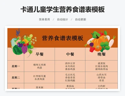 卡通儿童学生营养食谱表模板