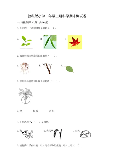 教科版小学一年级上册科学期末测试卷完整版