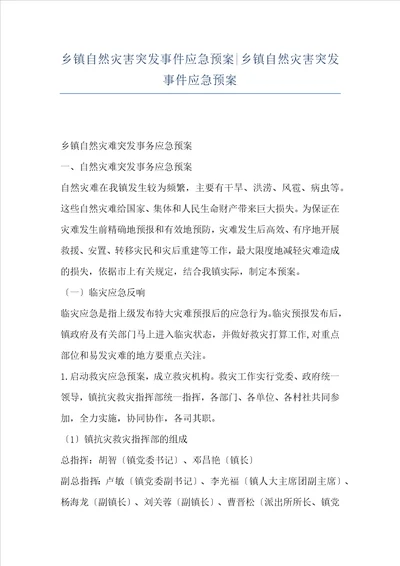 乡镇自然灾害突发事件应急预案乡镇自然灾害突发事件应急预案