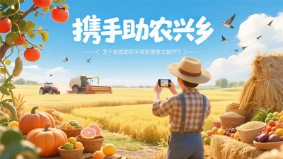 蓝黄色3D绘就助农丰收新画卷PPT模板