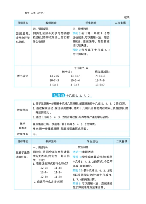 第二单元20以内的退位减法（大单元教学设计）-2024-2025学年一年级下册数学人教版（2024）