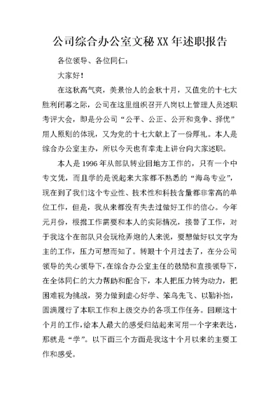 公司综合办公室文秘XX年述职报告
